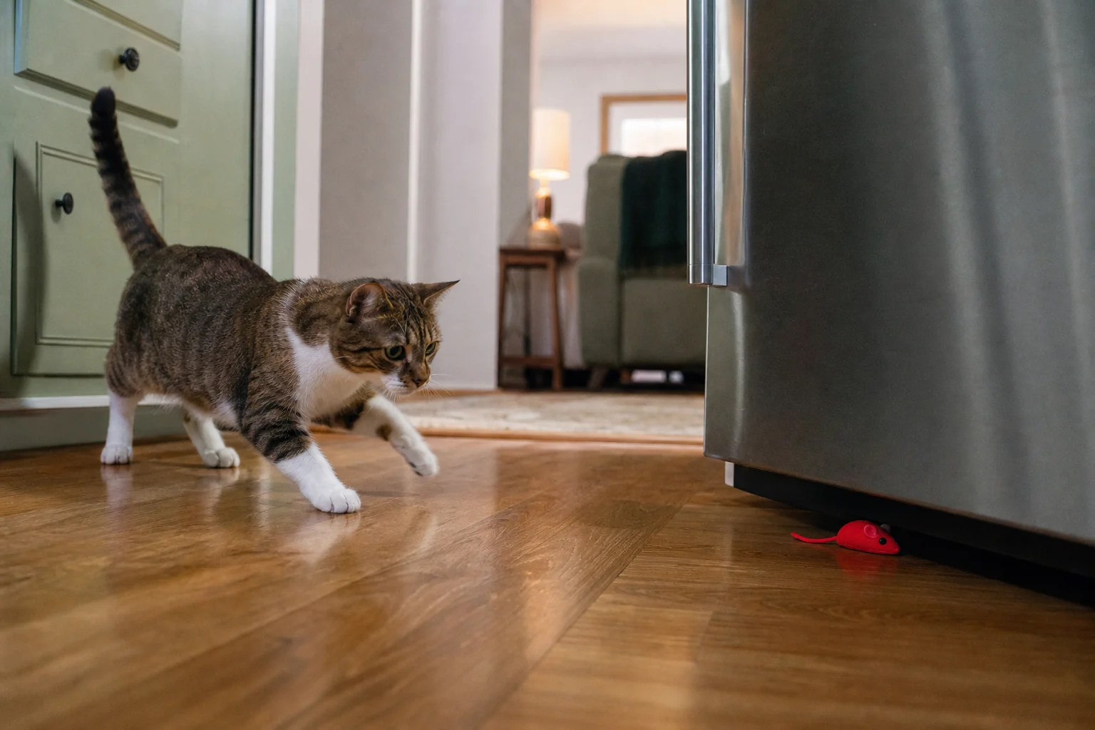 A tabby-and-white cat chases a bright red mouse toy toward the edge of a refrigerator in an apartment kitchen