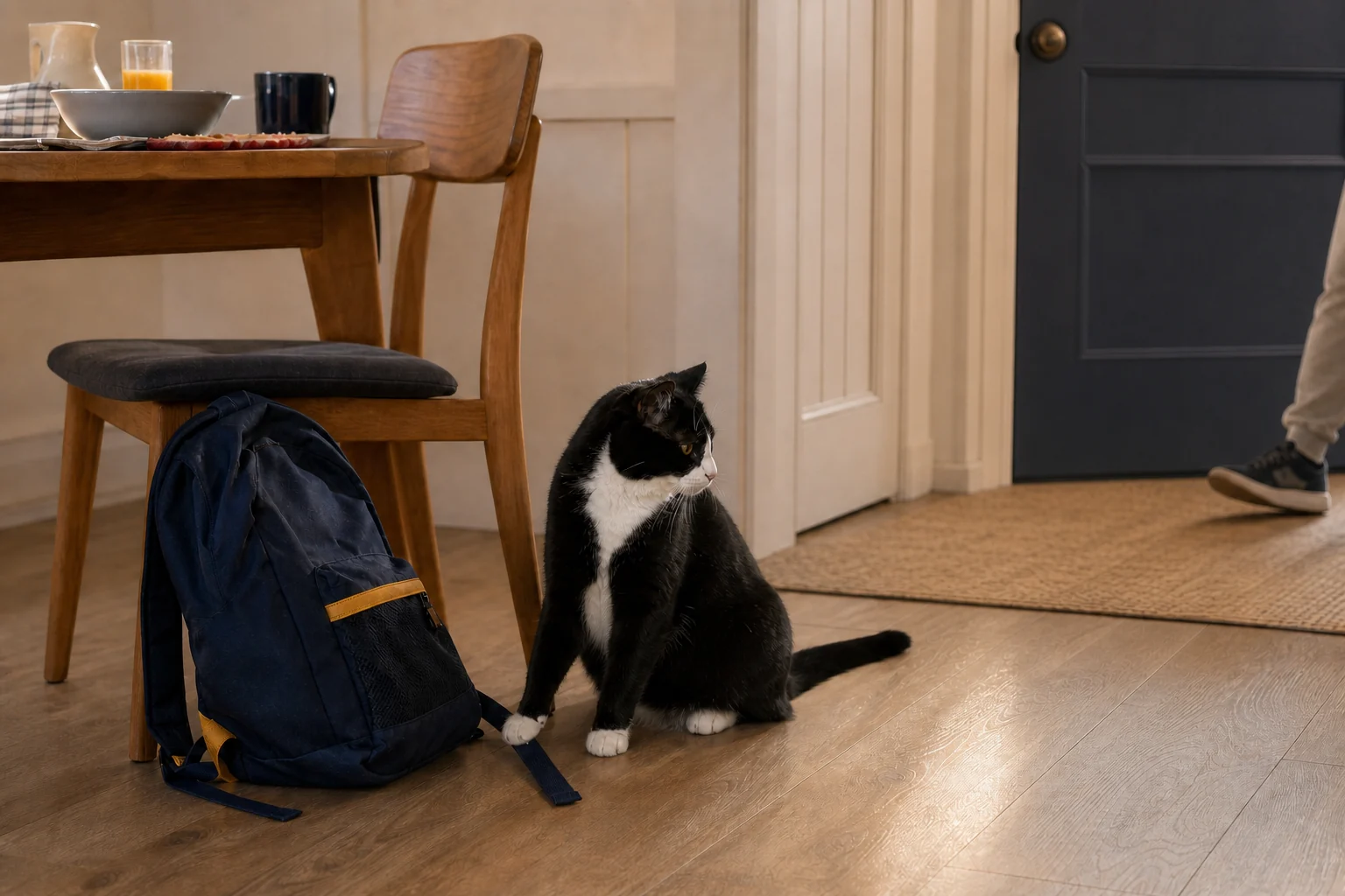 A tuxedo cat waits beside a navy backpack and breakfast chair as a child returns through a closed apartment entry