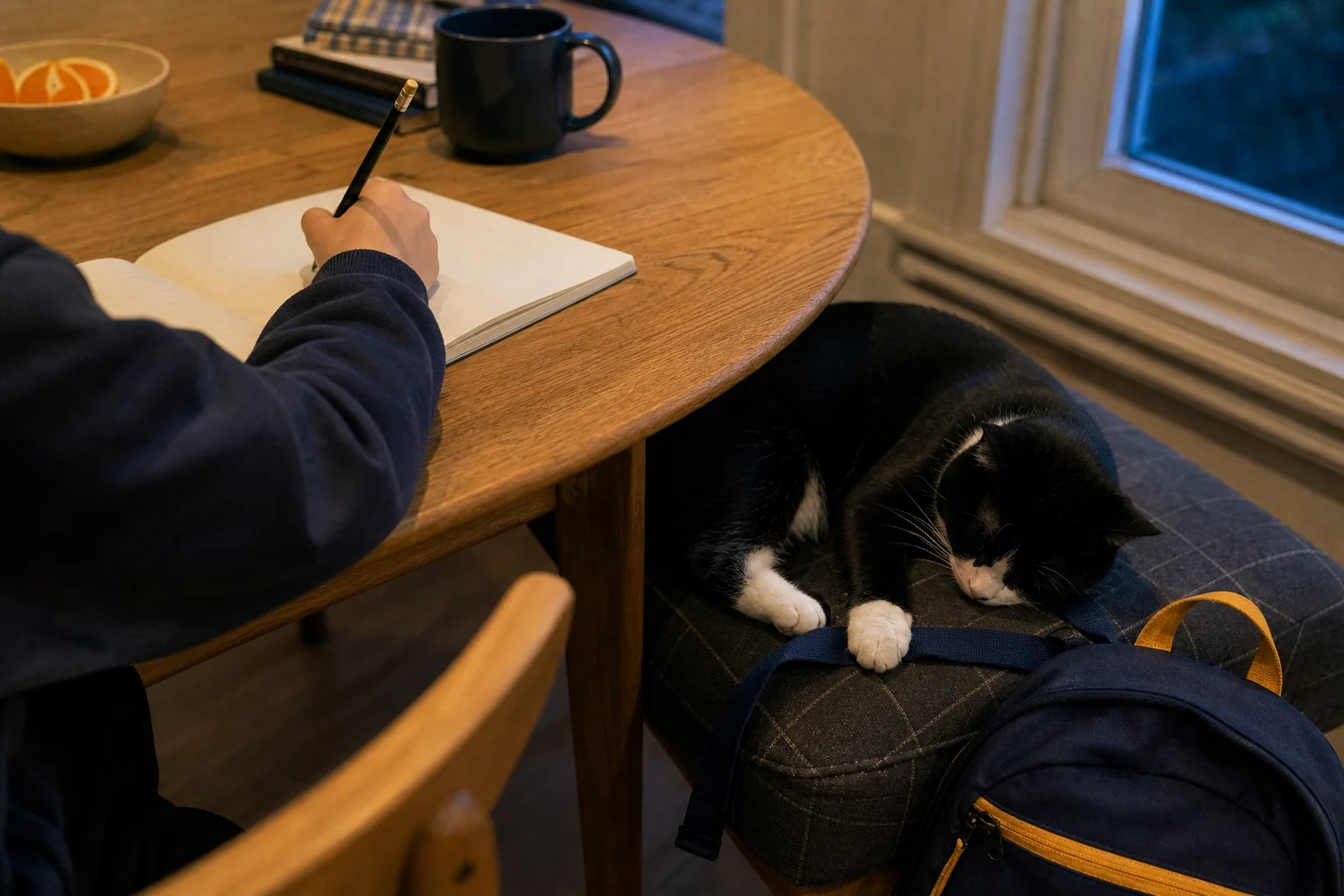 A tuxedo cat sleeps beside a navy backpack with one white paw resting through the strap while a child does homework