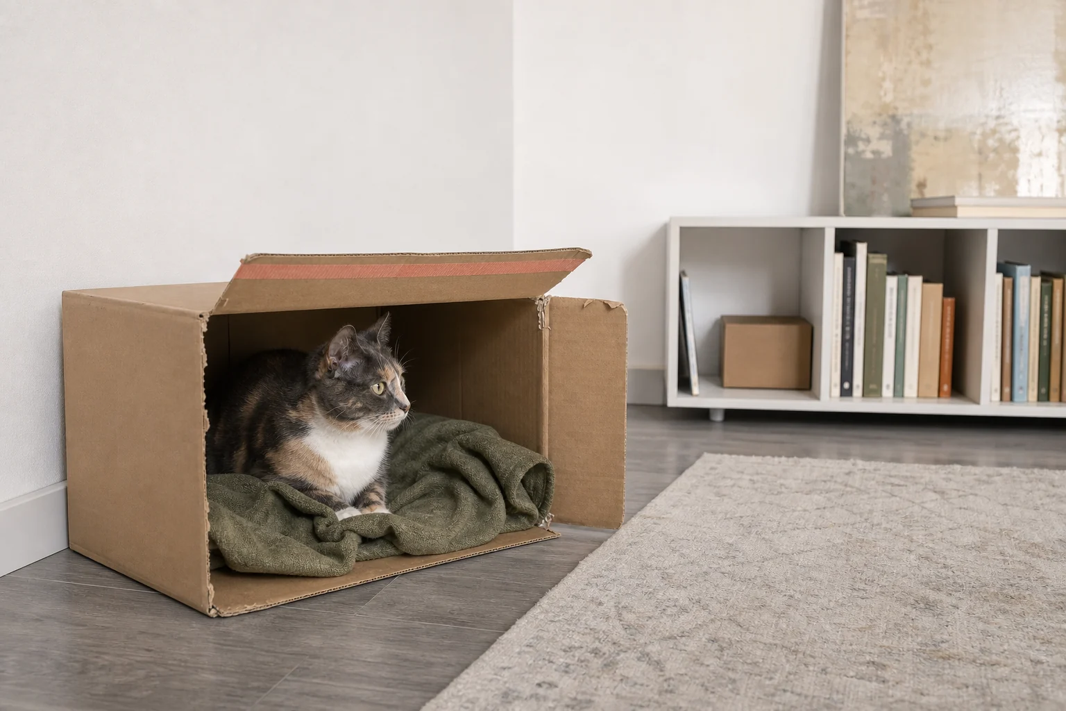 A dilute calico cat rests inside a sideways cardboard box with an old green towel beside a low bookcase in a settled apartment
