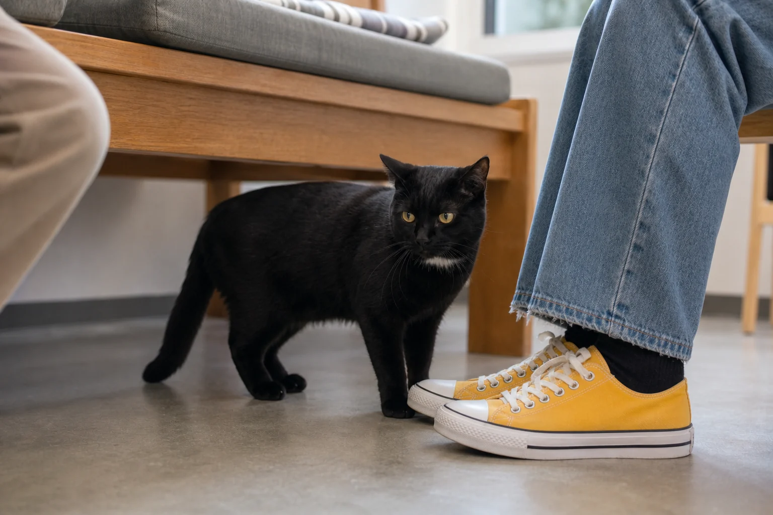 A black cat pauses beside a visitor's yellow sneakers during a quiet second meeting in an adoption room