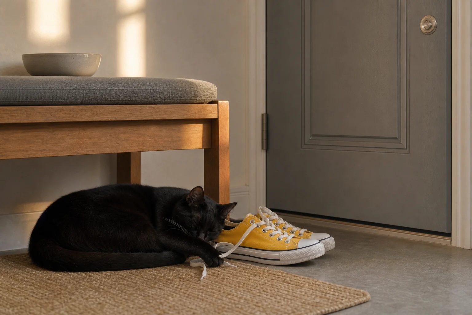 A black cat sleeps beside yellow canvas sneakers with one paw resting on a white lace near a closed apartment door
