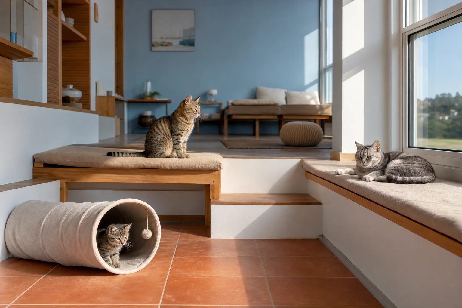Kitten, adult cat, and senior cat using different levels of the same sunlit home room