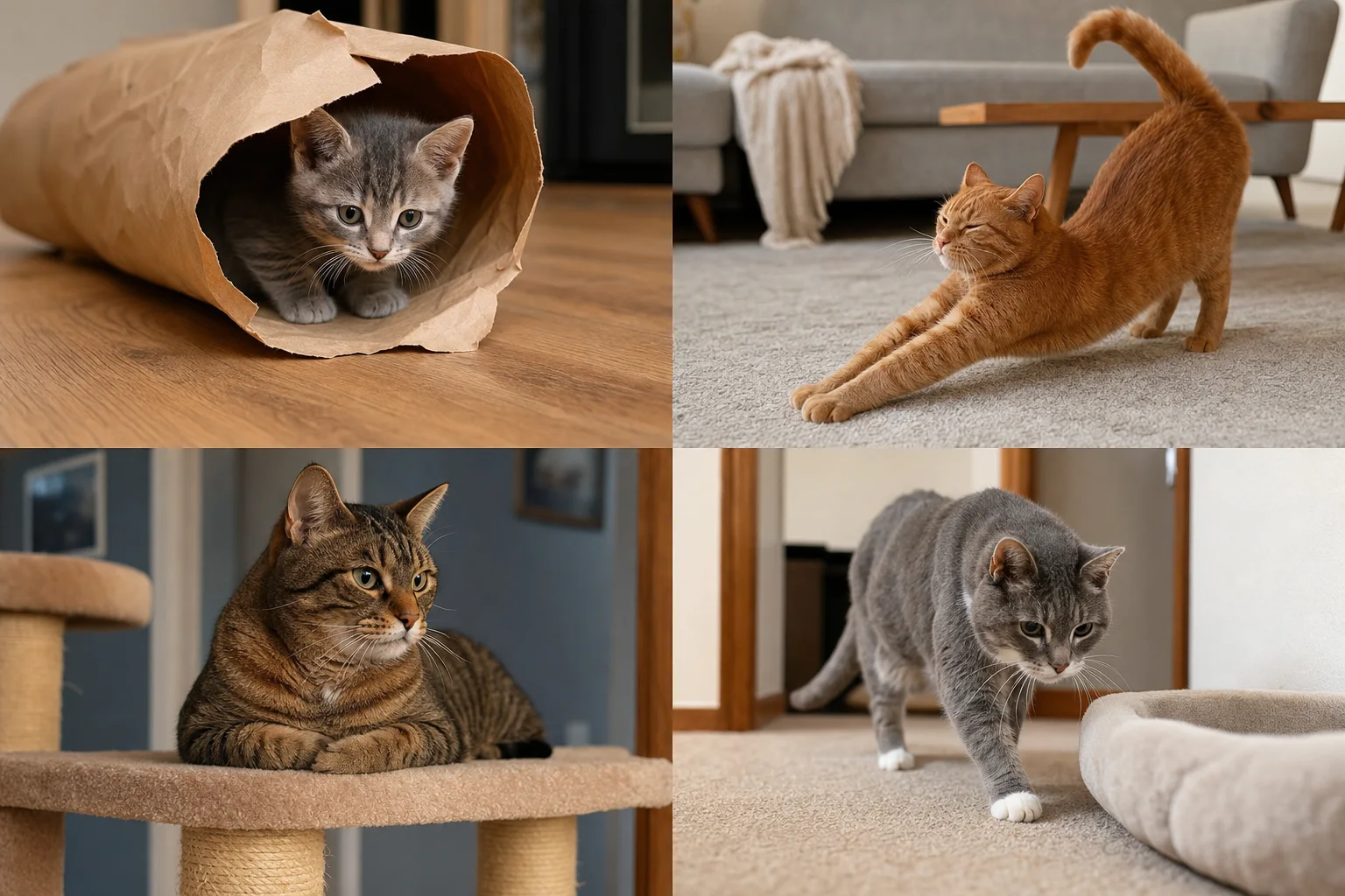 Four cats at kitten, young adult, mature adult, and senior life stages in one natural home sequence