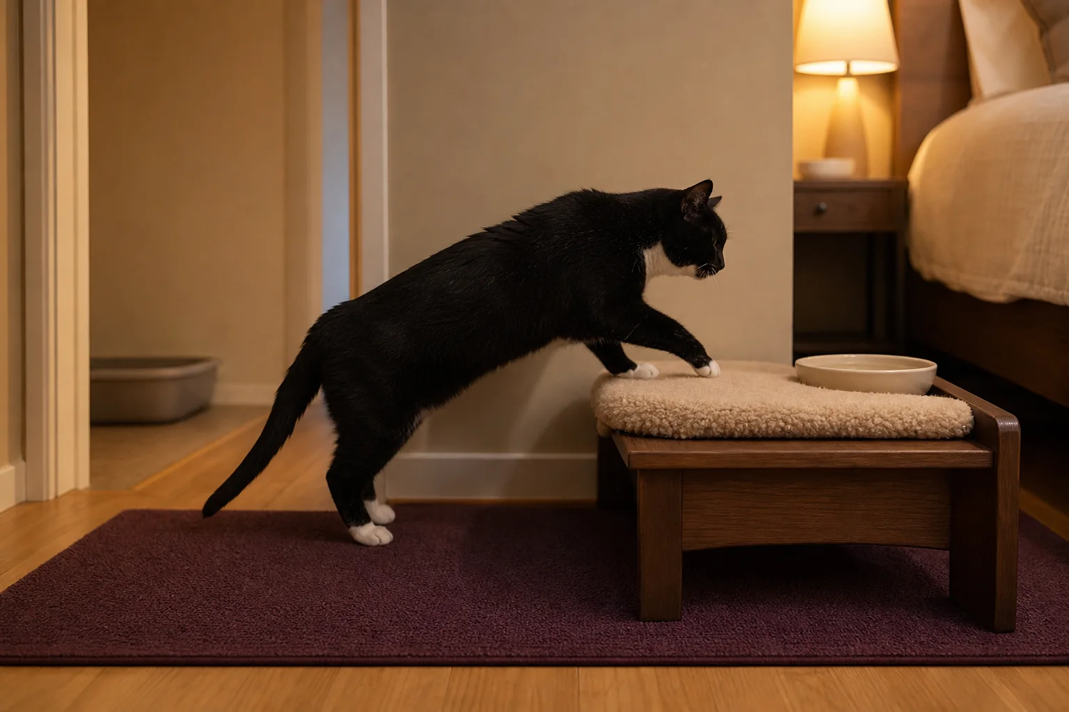 Senior cat using a low step to reach a warm resting bench with water and a low-entry litter route visible nearby
