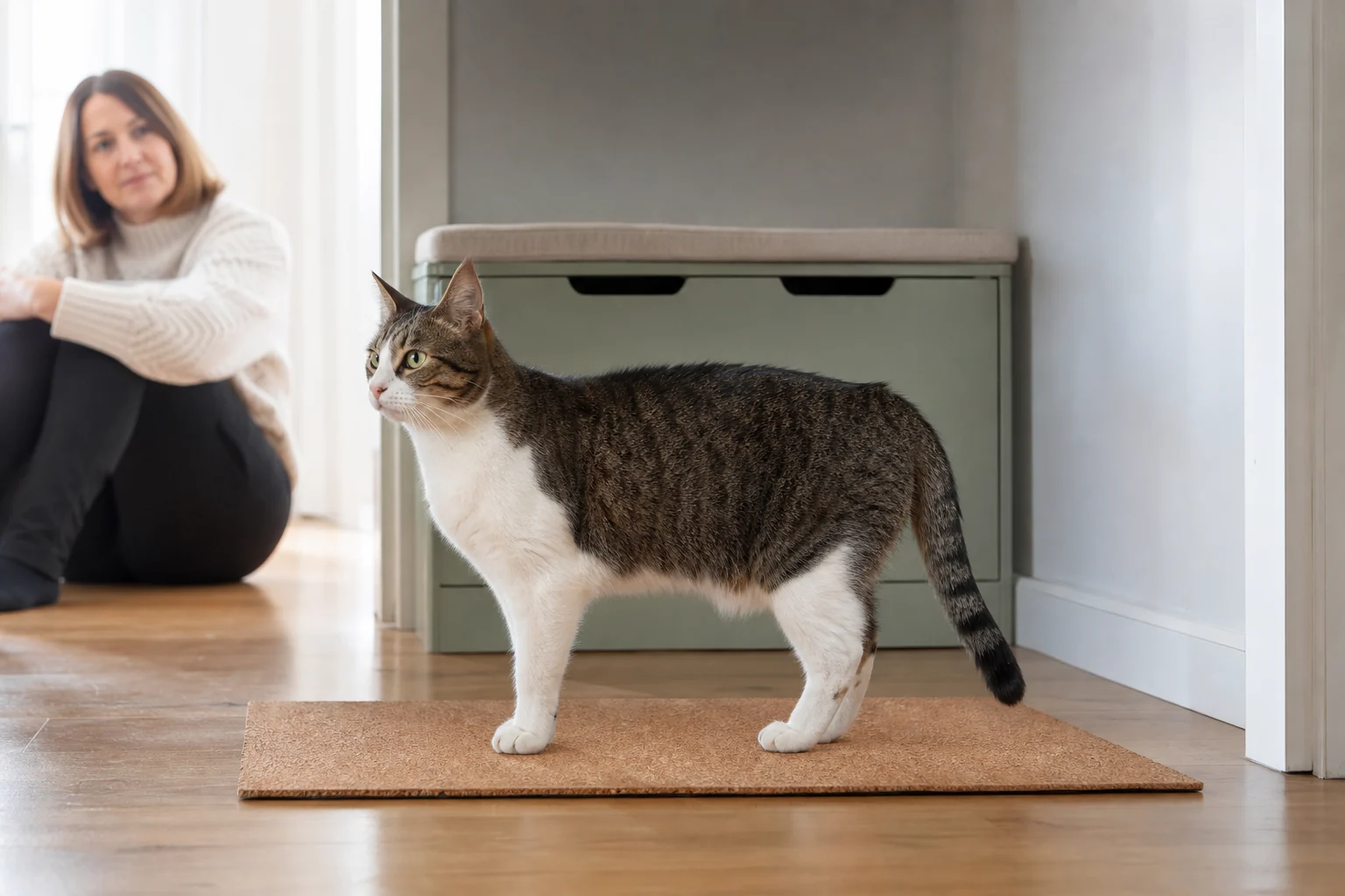 Adult cat standing naturally on a cork mat while an owner observes body shape from a short distance