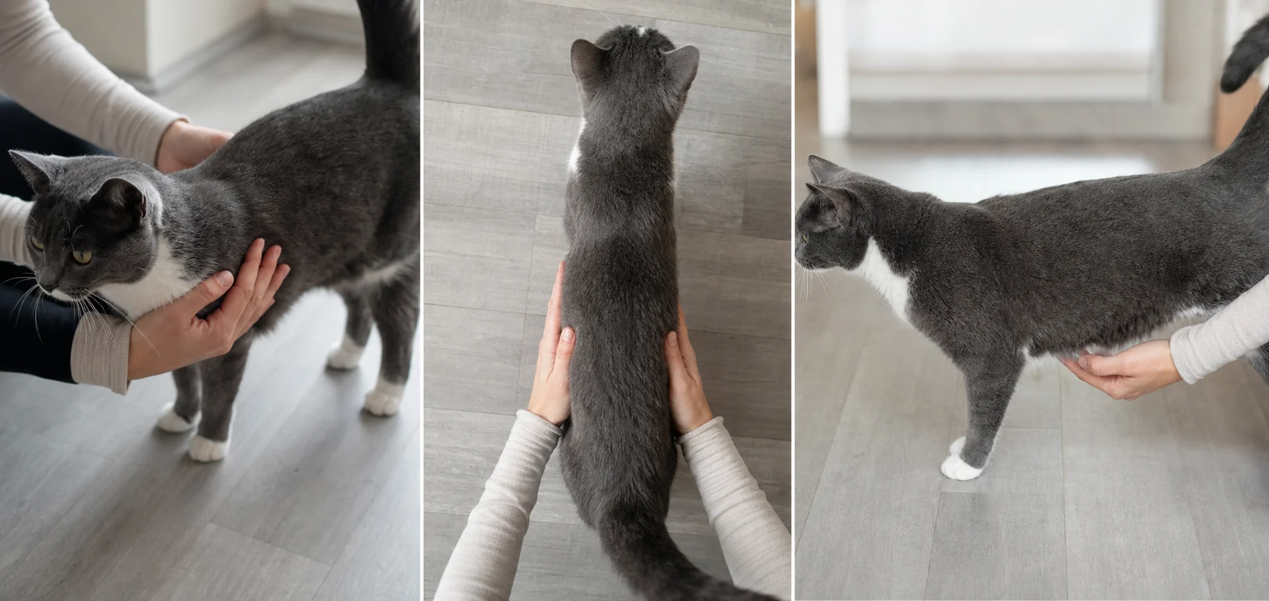 Cat body condition check showing gentle rib palpation, an overhead waist view, and a side belly profile