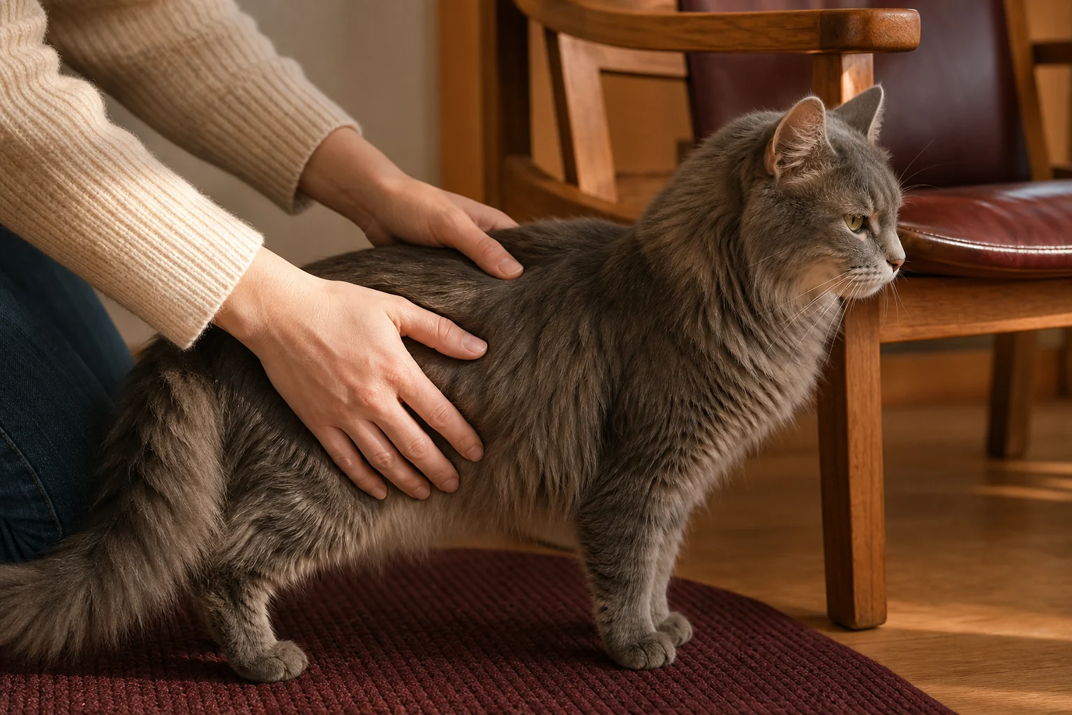 Hands gently checking the ribs of a long-haired cat while the cat stands calmly on a nonslip mat