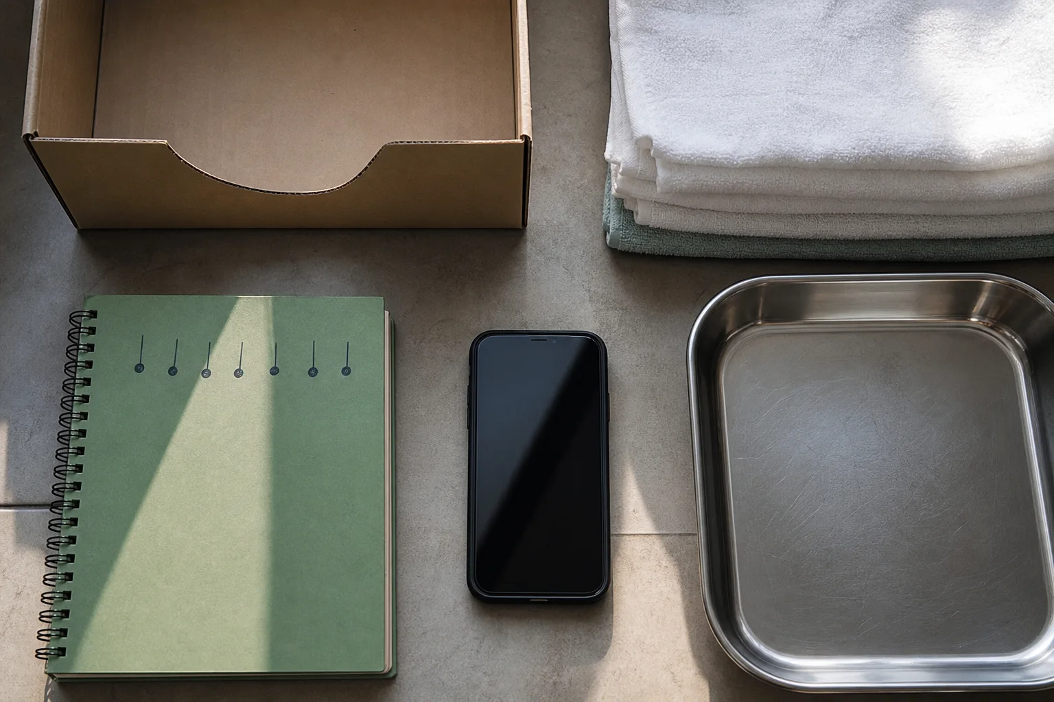Pregnancy preparation notebook beside a phone, clean towels, and an empty nesting box in a quiet room
