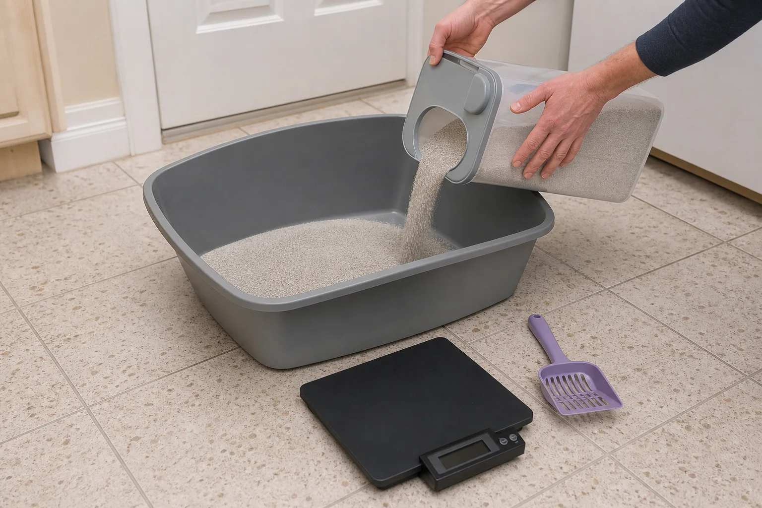 Hands weighing a plain litter storage container before filling a measured empty litter box to its normal depth