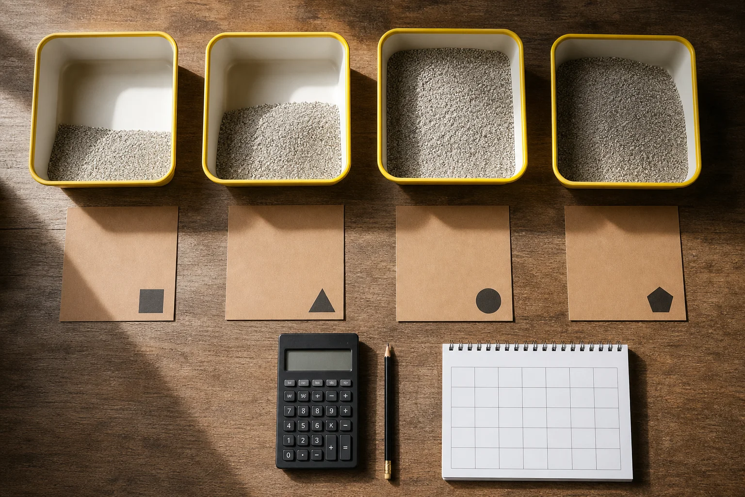 Top-down monthly litter planning worksheet with separate containers for base fill, weekly top-offs, reset refill, and reserve