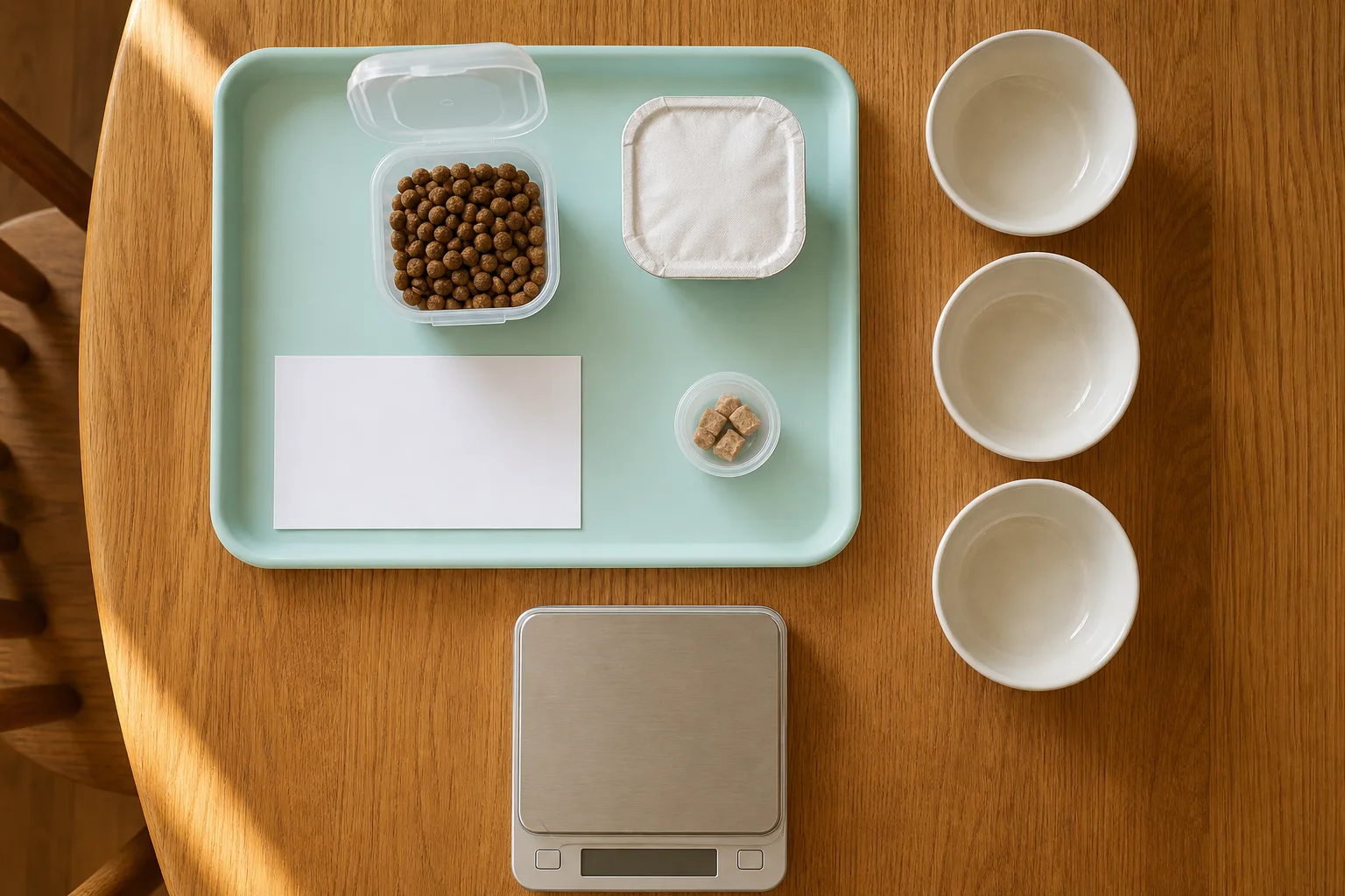 Top-down daily cat feeding setup with weighed dry food, one wet food portion, and a small treat allowance kept in separate containers