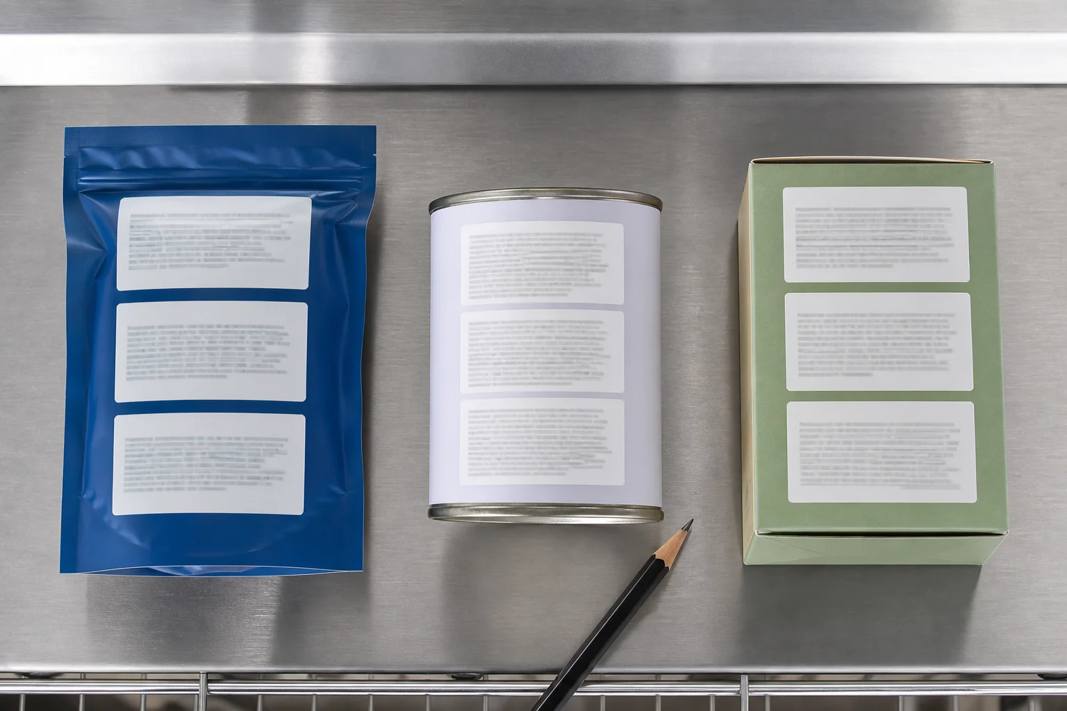 Unbranded cat food package backs arranged to show the calorie content, adequacy statement, and feeding directions areas without readable brand text
