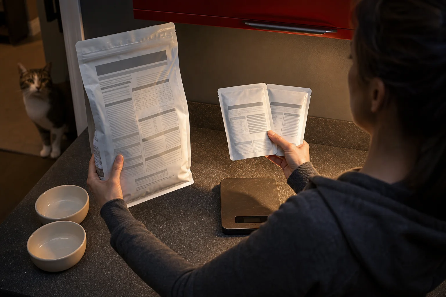 Owner reviewing the backs of unbranded cat food packages beside a kitchen scale and empty bowls
