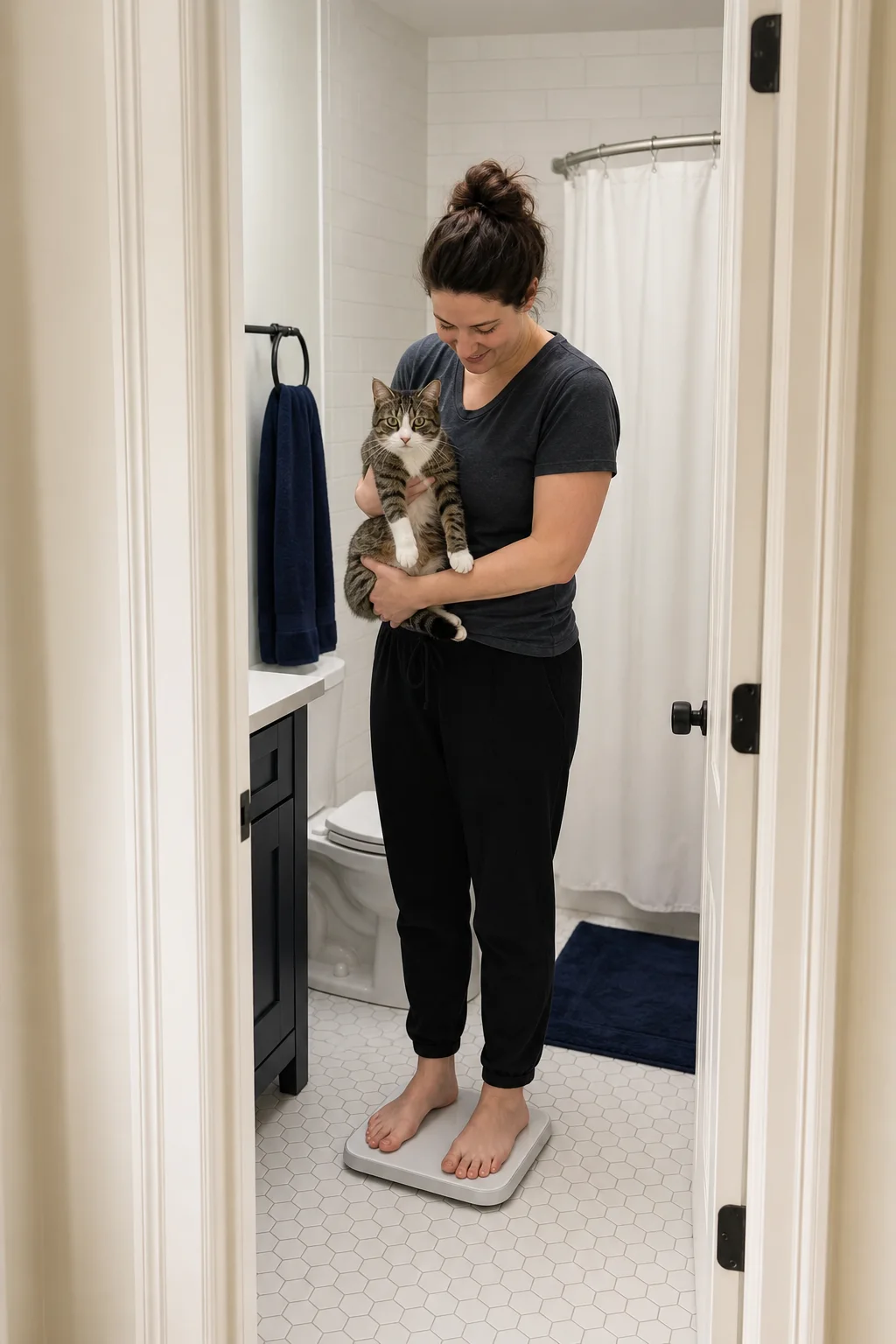 Owner calmly holding a cat while standing on a bathroom scale placed on a hard level floor