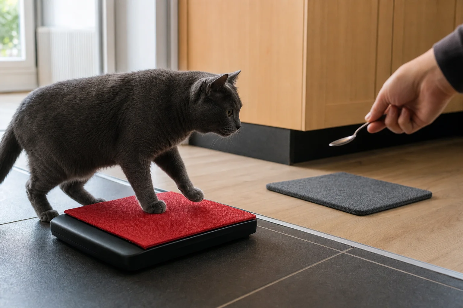 Cat stepping voluntarily onto a low-profile pet scale with a nonslip cover and a target mat nearby