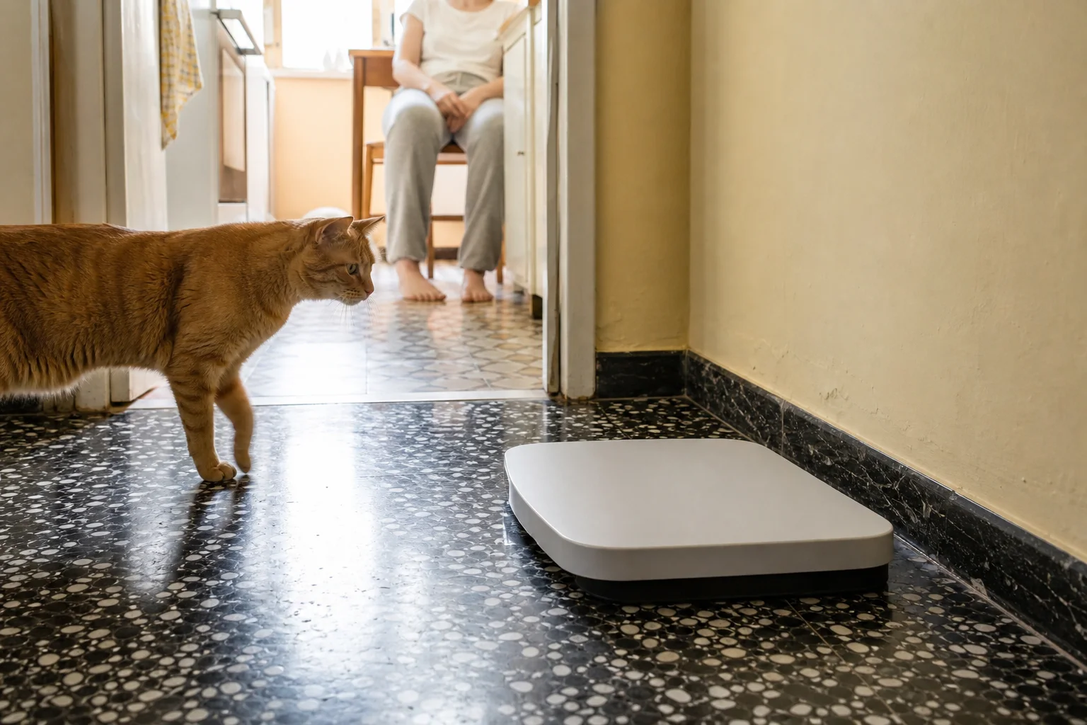 Cat approaching a low pet scale in a quiet hallway while the owner waits several feet away