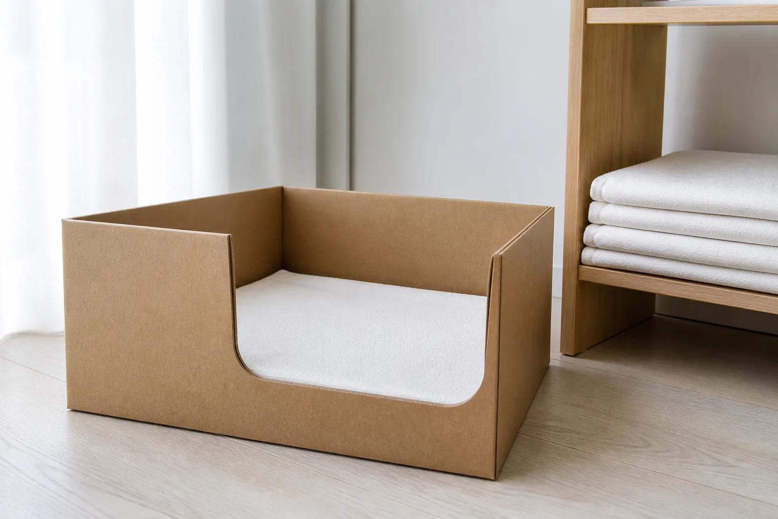 Low cardboard nesting box with a smooth entrance, flat washable layers, and open top in a quiet room
