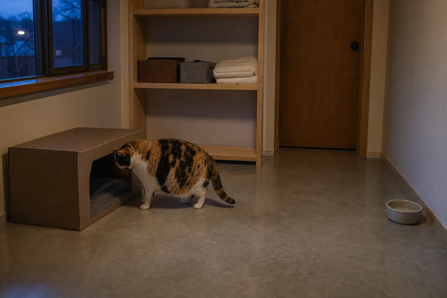Pregnant cat inspecting a low cardboard nesting box in a quiet spare room with a clear walking route