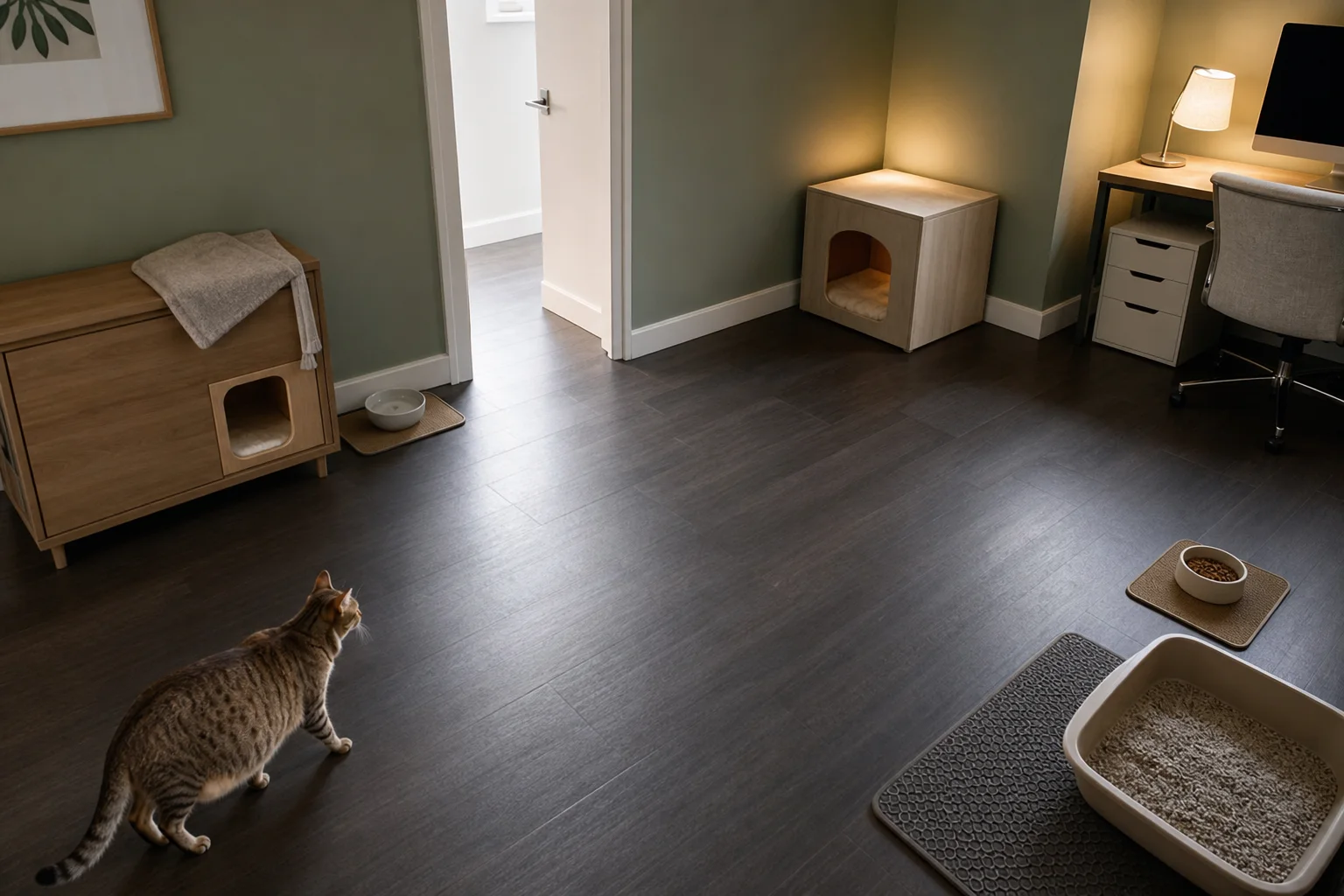 Quiet room layout with nesting box, separate food and water station, litter tray, clear doorway, and backup box