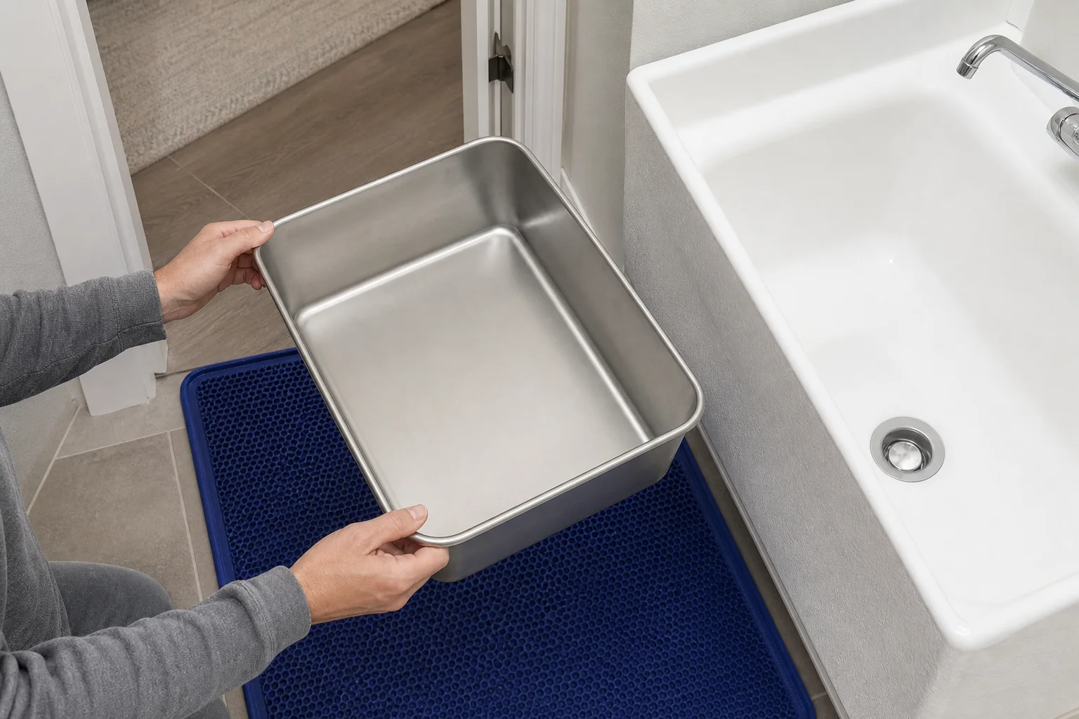 Hands checking a stainless litter box rim, nonslip mat, carry path, and clearance beside a laundry sink