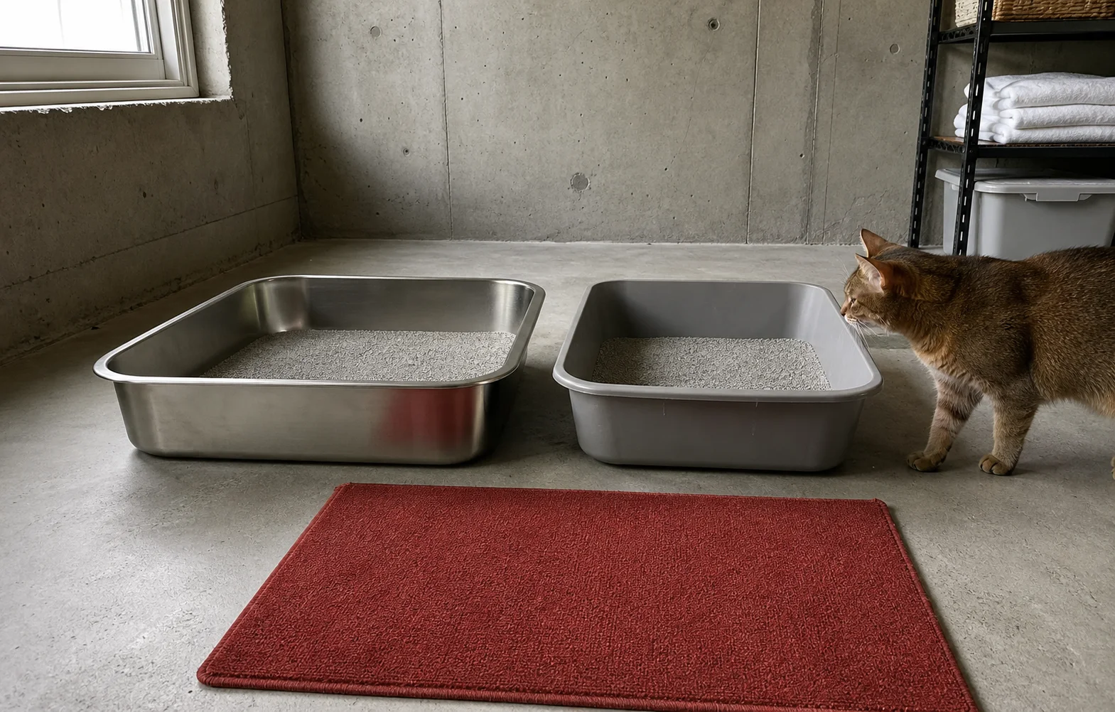 Large stainless steel litter box beside an older plastic box during a controlled two-box home trial