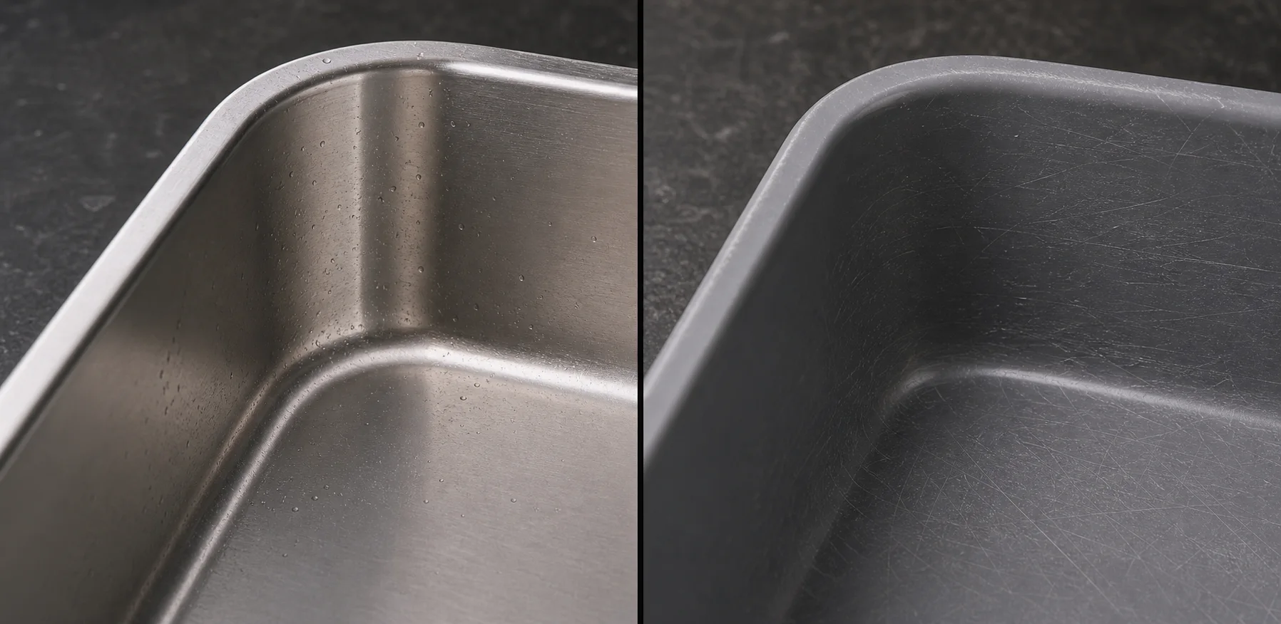 Close comparison of a smooth stainless litter pan corner and a scratched plastic pan corner after both are emptied