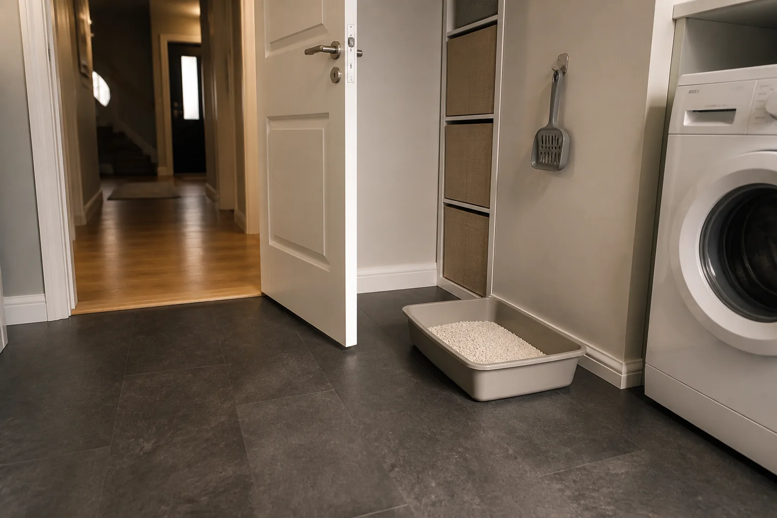 Floor-level view of a litter box location with an open door swing, nearby laundry appliance, and two clear access paths