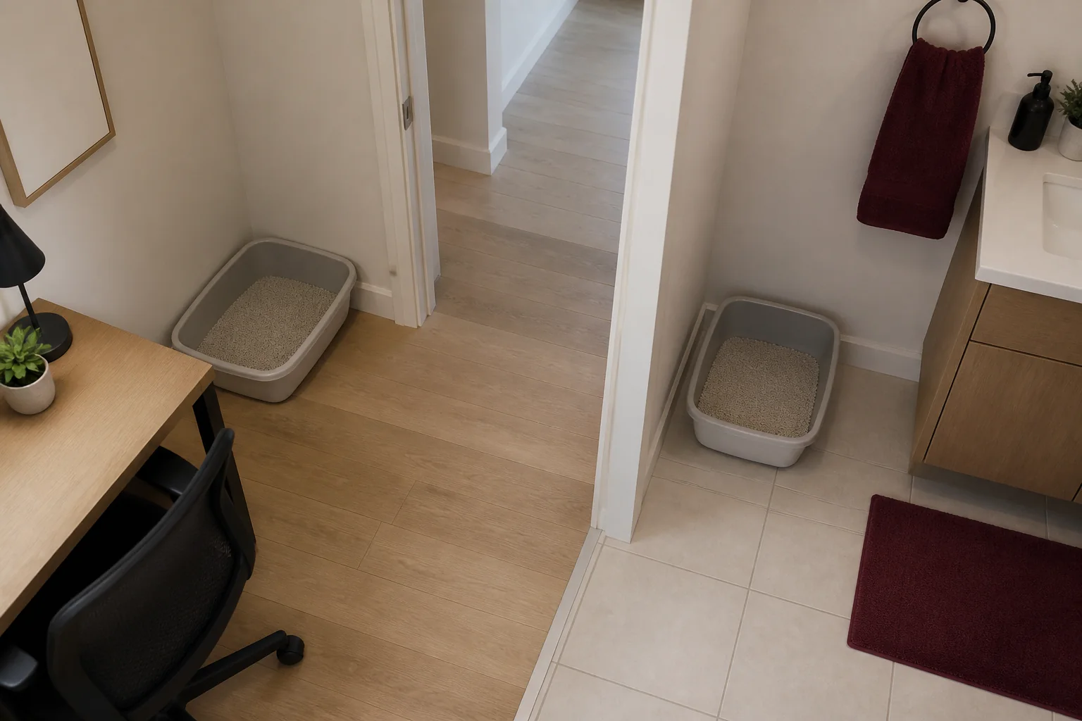 Overhead view of two litter boxes placed in separate rooms with a doorway and corridor between them