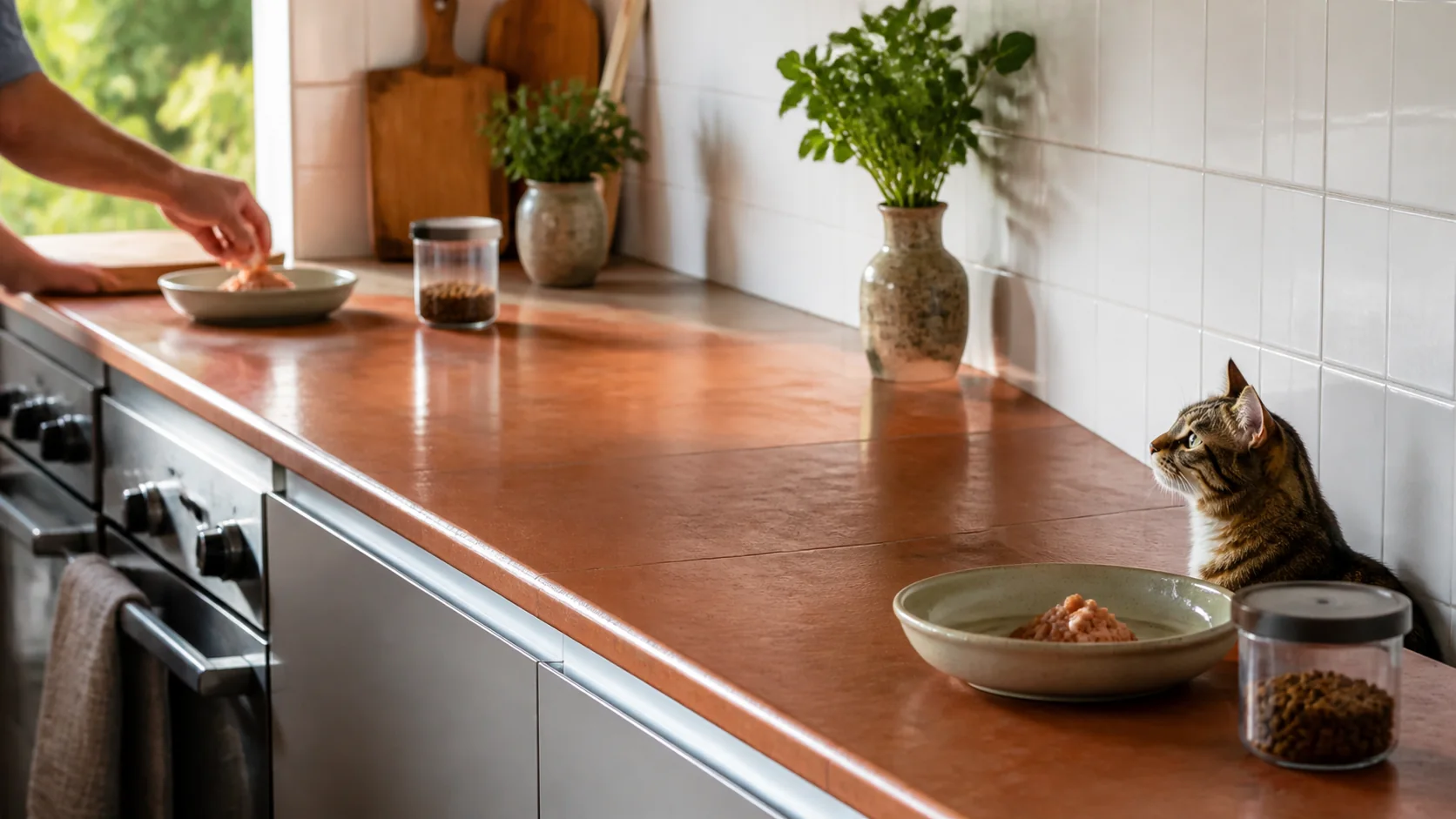 Morning and evening cat meal supplies arranged at separate ends of a practical kitchen counter while a cat waits near one bowl
