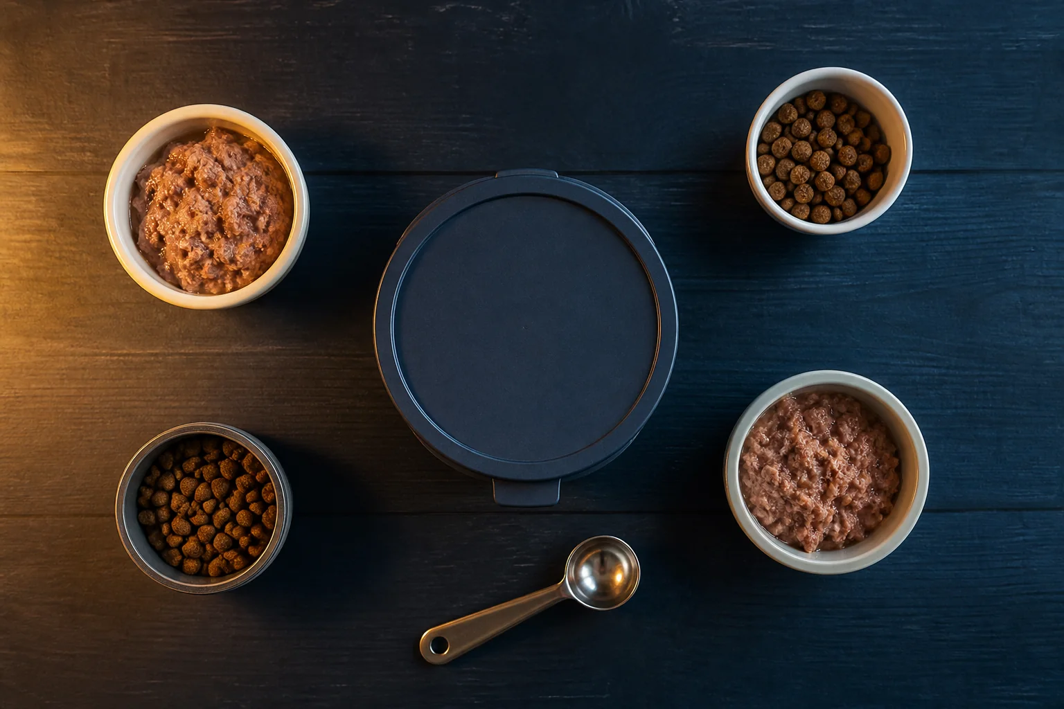 Top-down view of one daily cat food allocation divided into four measured meal portions