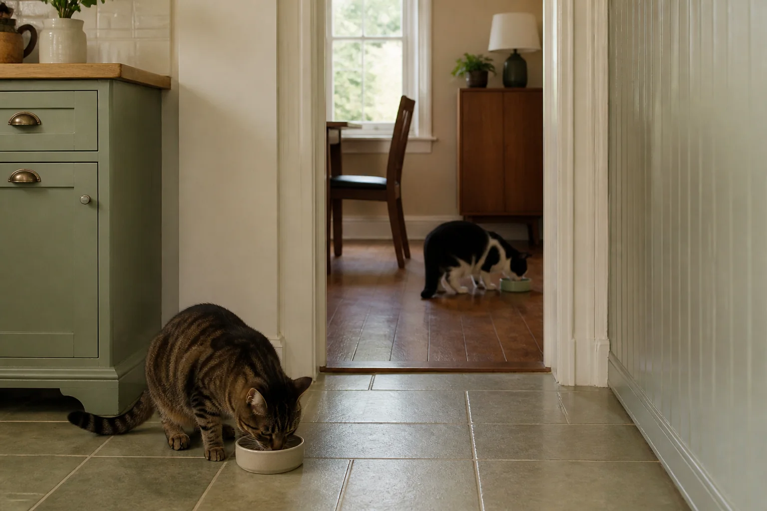 Two relaxed cats eating from separate bowls in a kitchen and an adjacent room