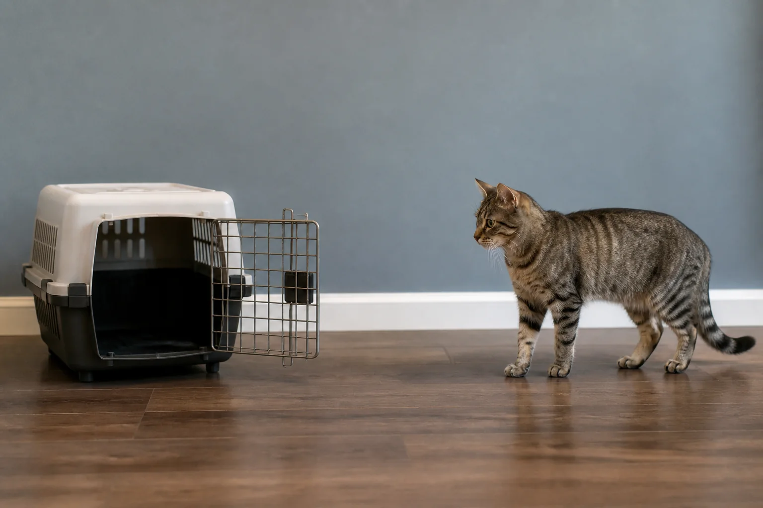 Cat hesitating one body length from an open carrier with a clear path to move away