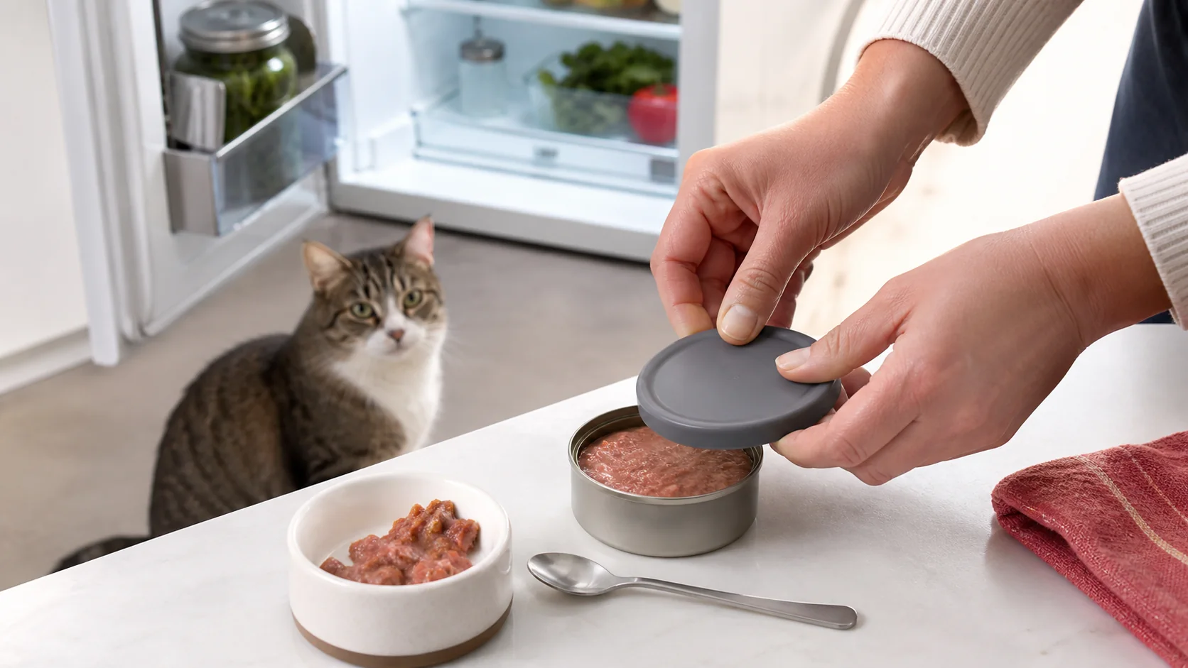 Open can of wet cat food being covered beside a clean refrigerator shelf and a cat meal portion