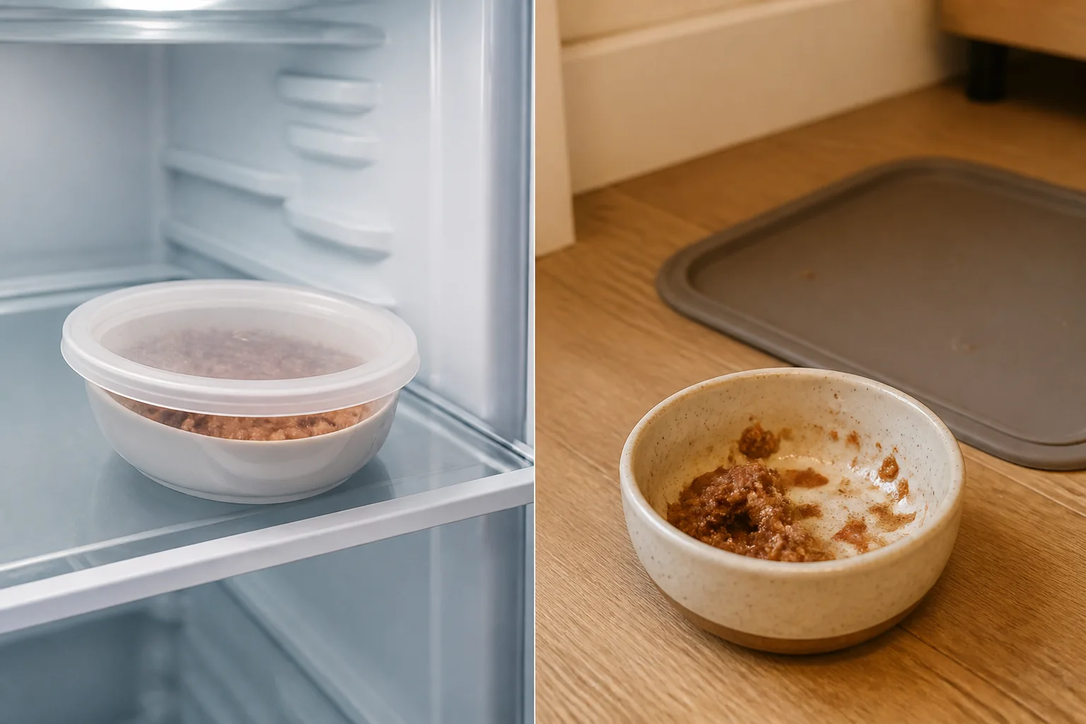 Covered unused wet cat food in a refrigerator contrasted with a partly eaten bowl left at room temperature