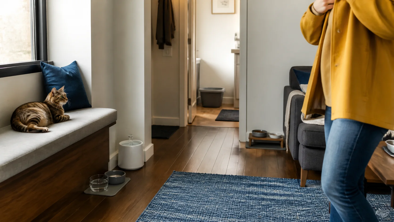 Cat resting near a window while an owner prepares to leave a tidy home with water, food, and litter resources visible