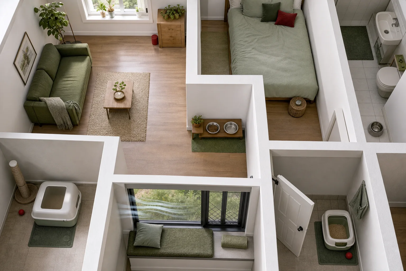 Overhead apartment view with separate food, water, litter, and shaded resting zones prepared for a cat
