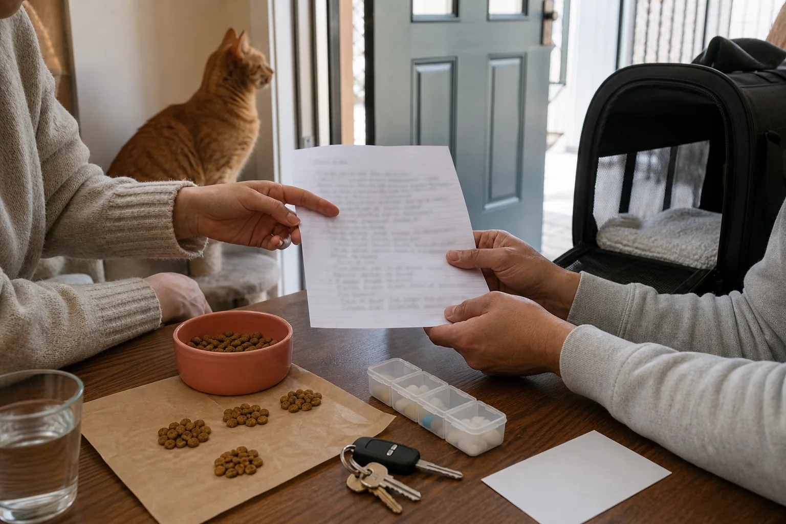 Care handoff with keys, measured cat food, carrier, and unreadable written instructions arranged for a sitter