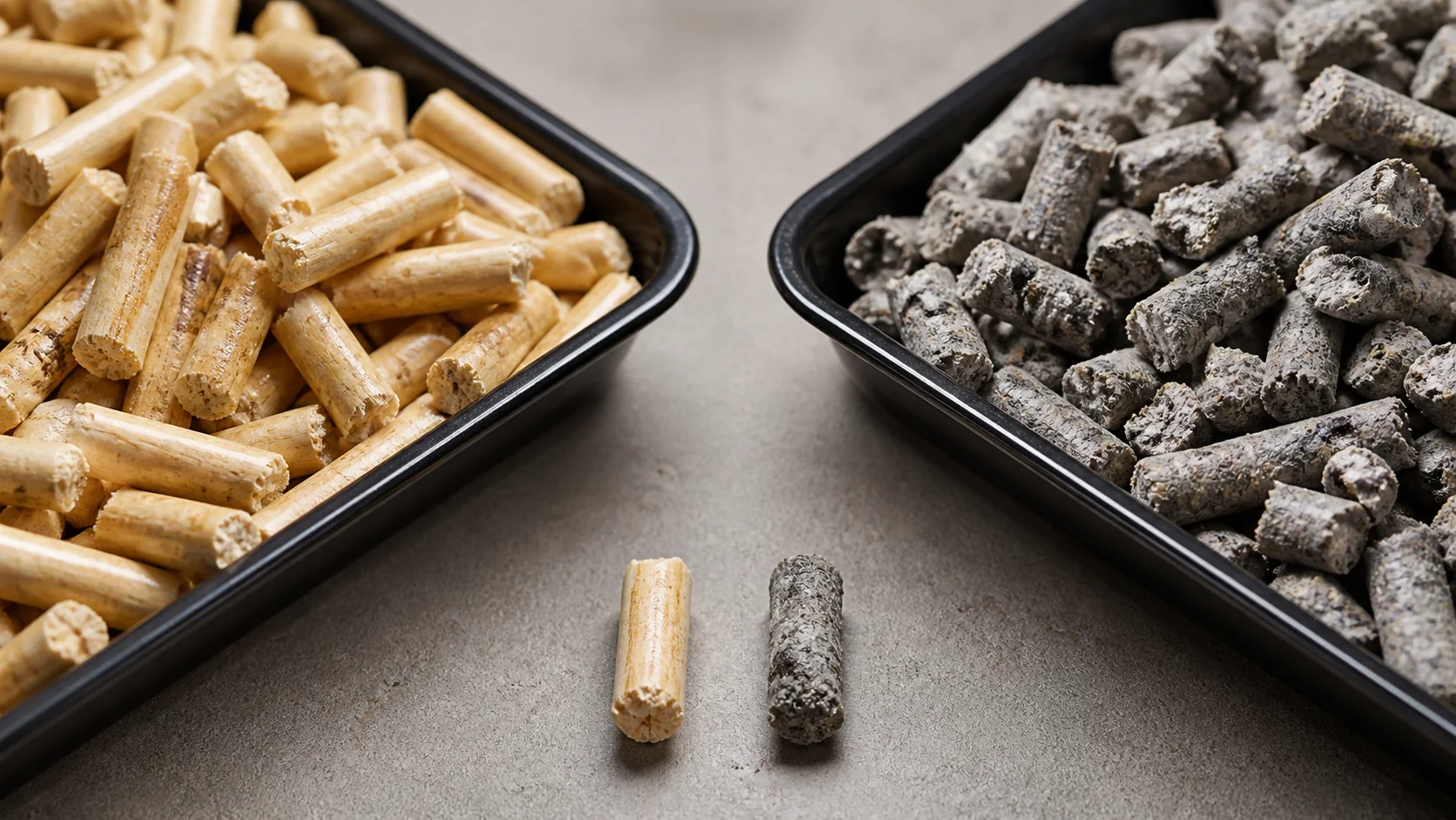 Close view of wood and paper cat litter pellets in separate clean trays showing their different shapes and textures