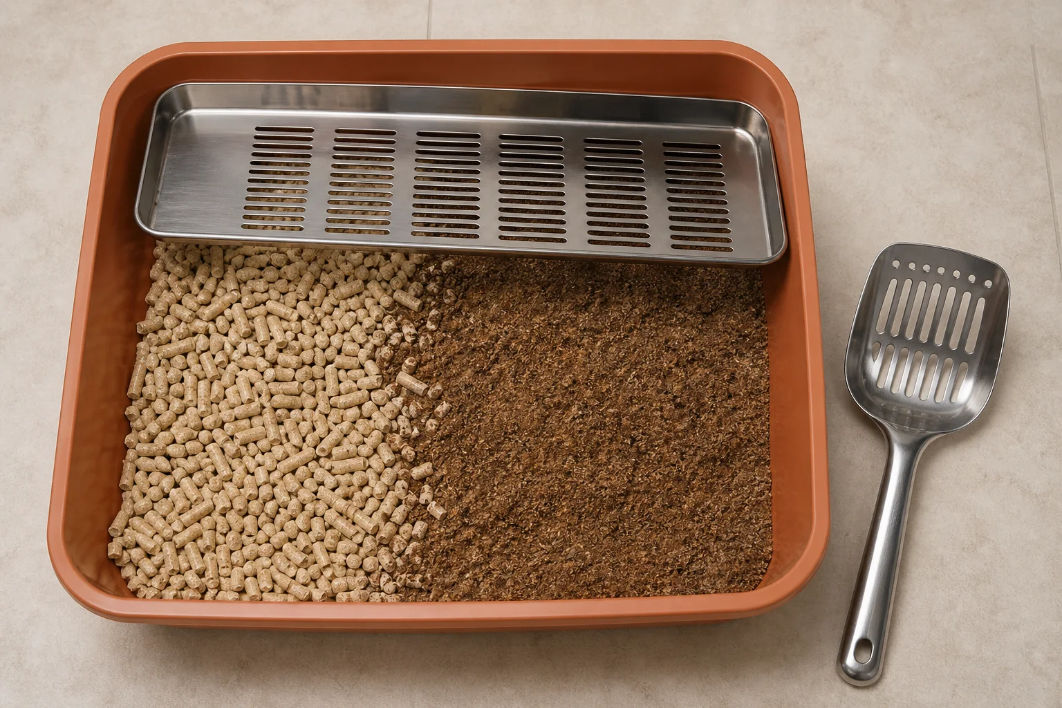 Dry wood pellets, moisture-broken fines, a slotted scoop, and a sifting insert showing pellet cleanup mechanics