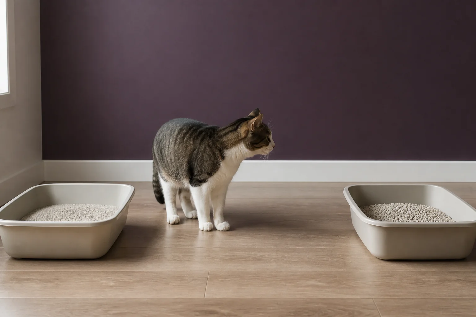 Cat calmly evaluating two separated litter boxes containing familiar fine litter and paper pellets
