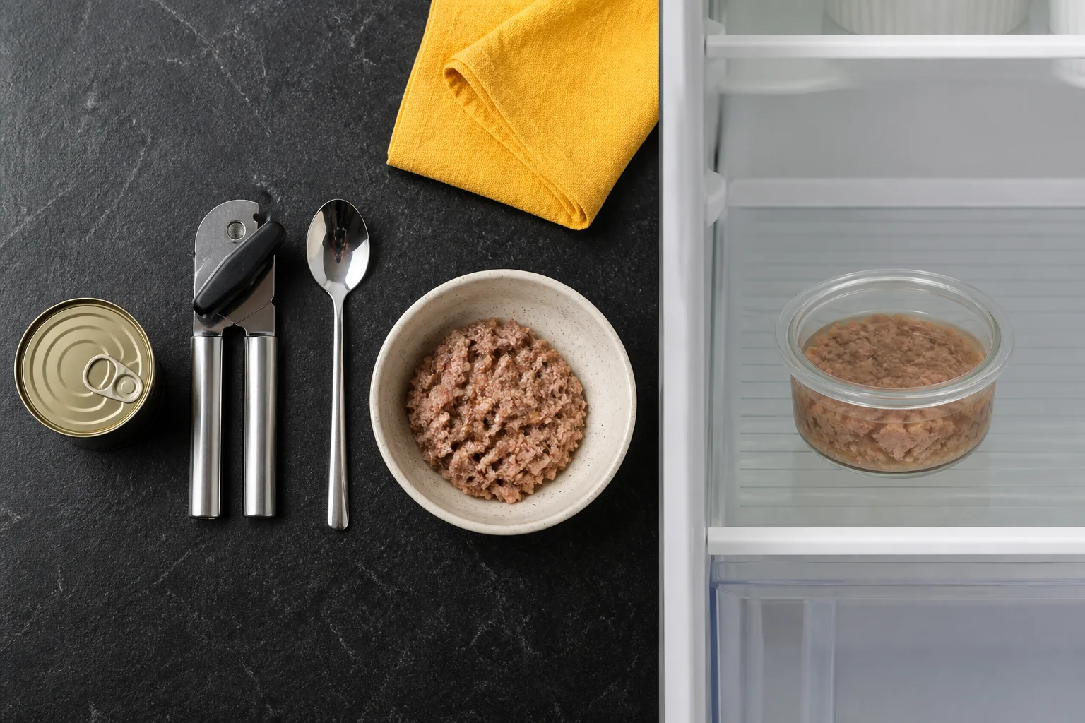 Overhead sequence of opening wet cat food, serving a clean portion, covering the remainder, and refrigerating it