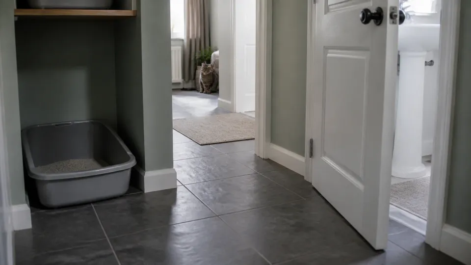 Wide hallway and bathroom junction with two possible litter box locations, clear walking paths, and one cat observing from a distance