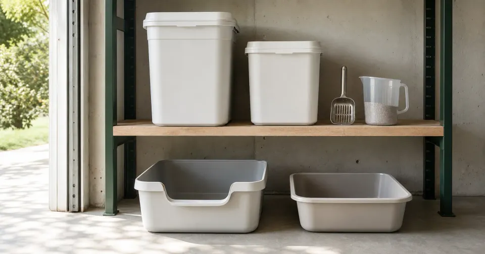 Open litter storage shelf with measured refill containers serving two differently sized litter boxes