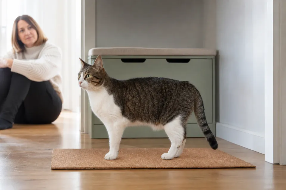 Adult cat standing naturally on a cork mat while an owner observes body shape from a short distance