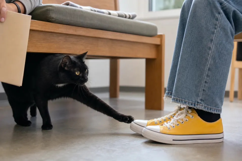 A black cat reaches from beneath a bench to touch the toe of a visitor's bright yellow sneaker in a calm adoption room