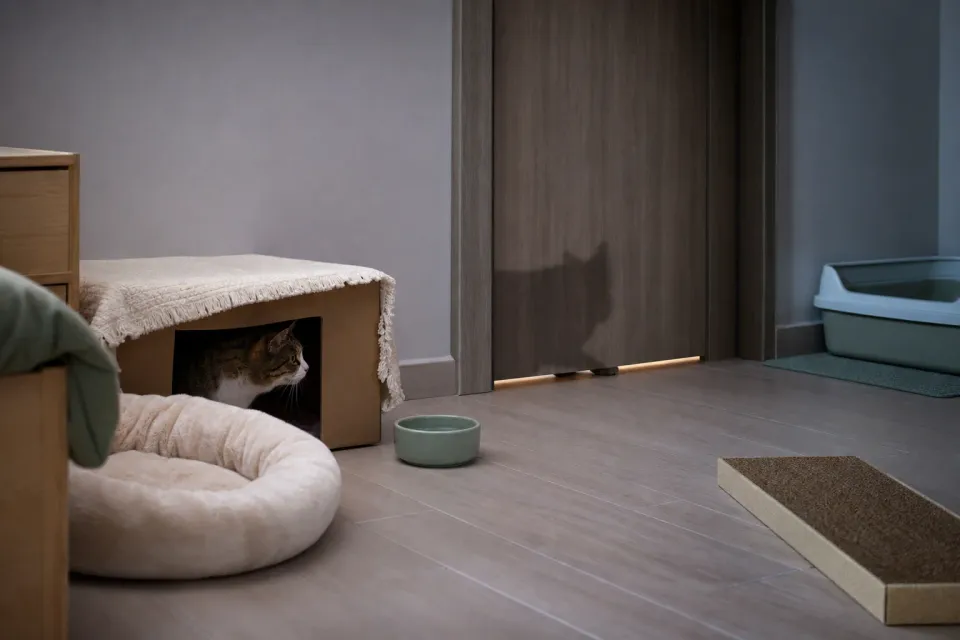 New cat resting in a covered cardboard hideout inside a closed introduction room while a resident cat waits outside the door