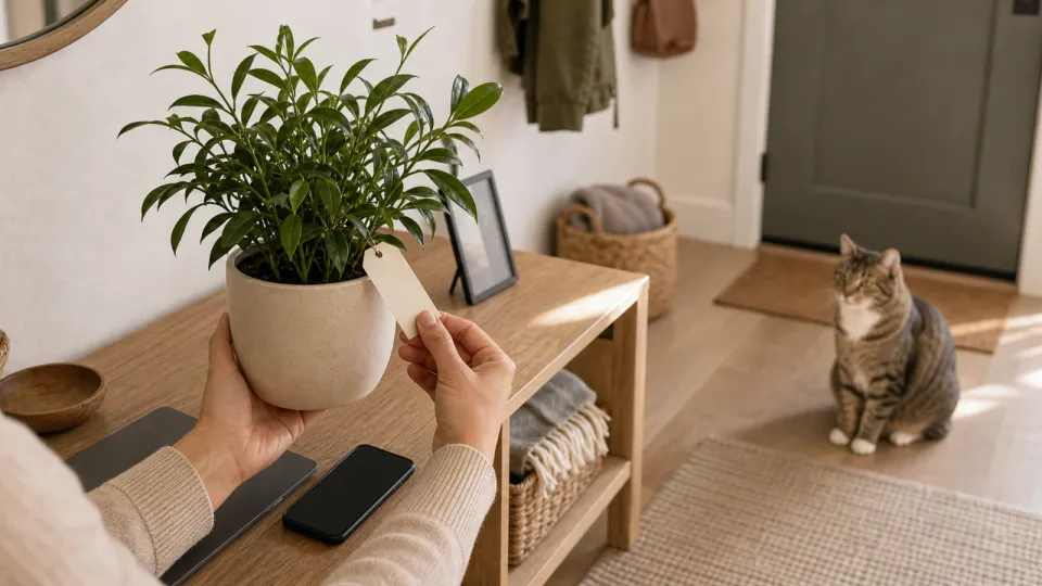 Person holding a potted houseplant and blank tag while a cat sits several feet away before the plant is verified