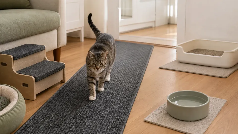Older cat walking along a non-slip runner between a low bed, water bowl, stable step, and clean low-entry litter tray