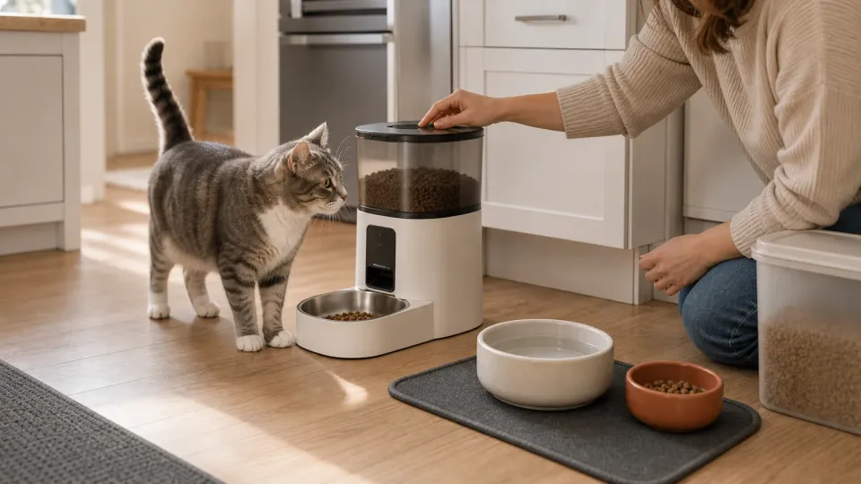 Cat standing beside an automatic dry feeder while a person checks the lid, bowl, water, and backup dish